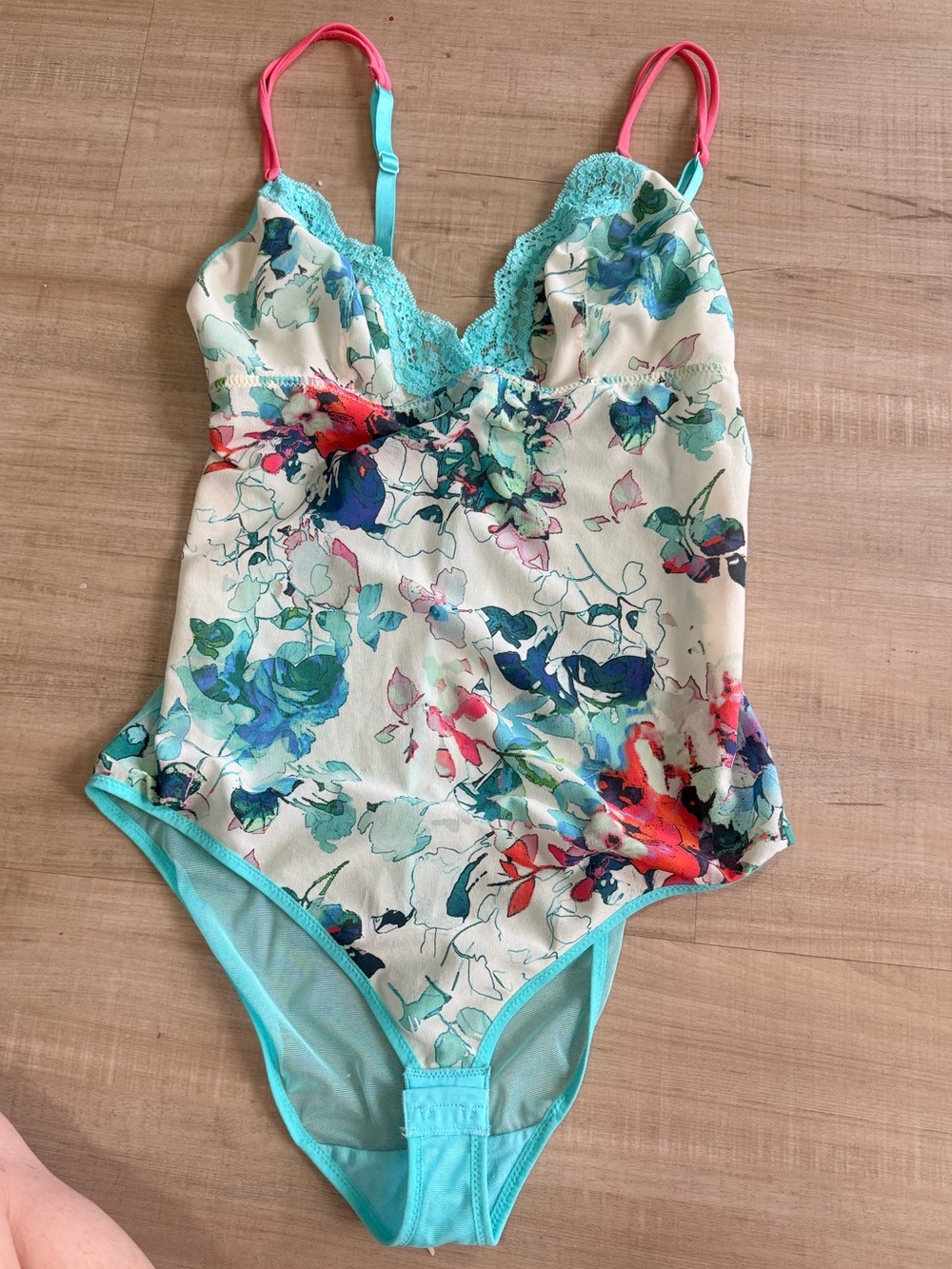 Floral Lace-Trim Chemise Bodysuit in Aqua and Pink
